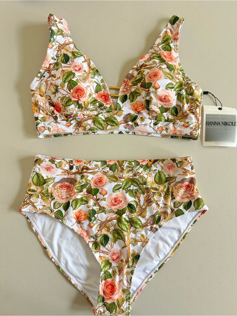 White Floral & Leopard Print High-Waist Bikini Set Size L